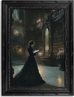 Black Framed Wall Art Victorian Woman Reading Canvas Print Dark Academia Library Decor Picture Moody Gothic Vintage Bookish Artwork for Living Room Bedroom 9x11 inch