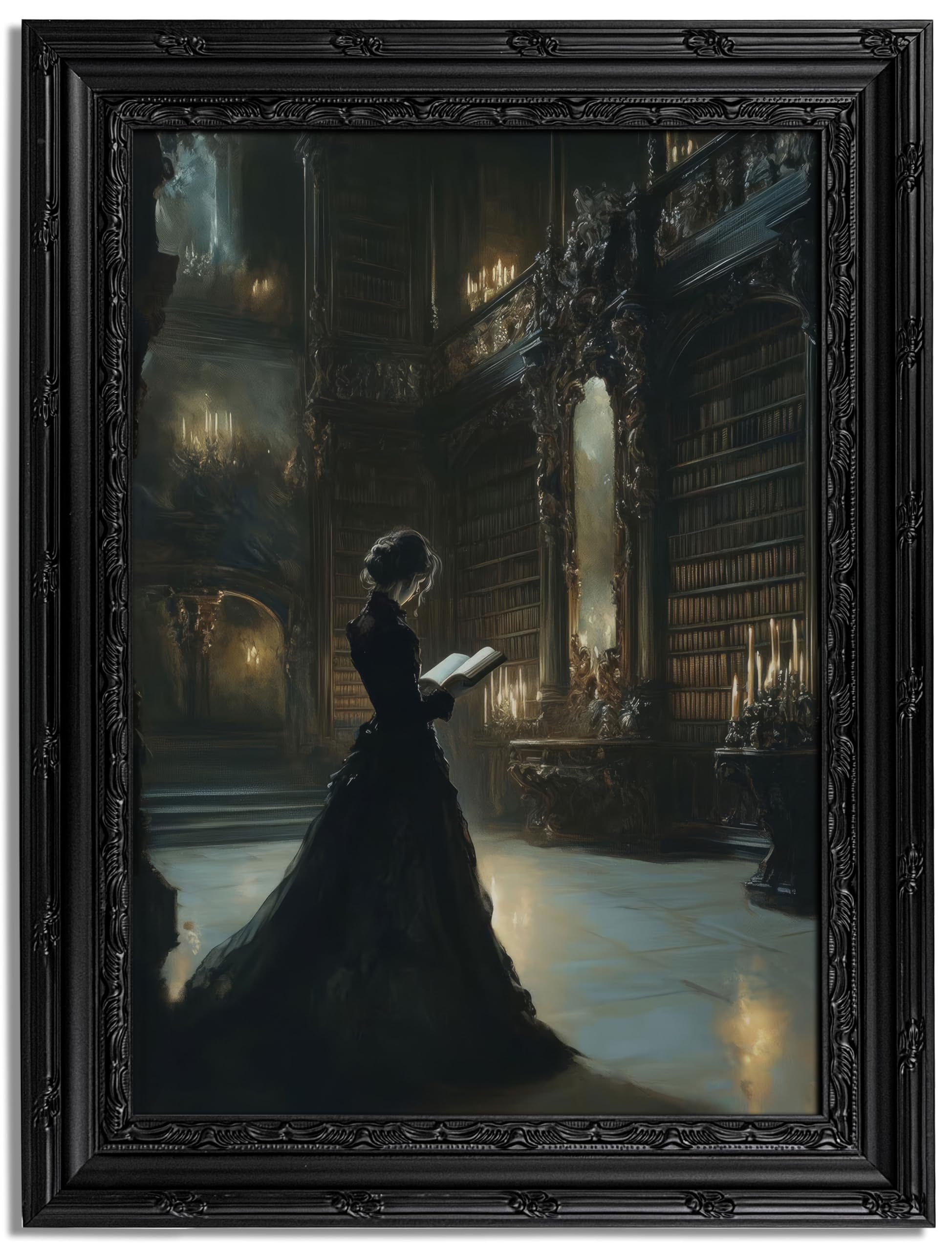 Black Framed Wall Art Victorian Woman Reading Canvas Print Dark Academia Library