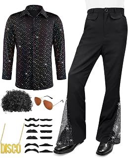 6 Piece Men's 70s Disco Dresses Retro Halloween Couple Costume with Bell Pants