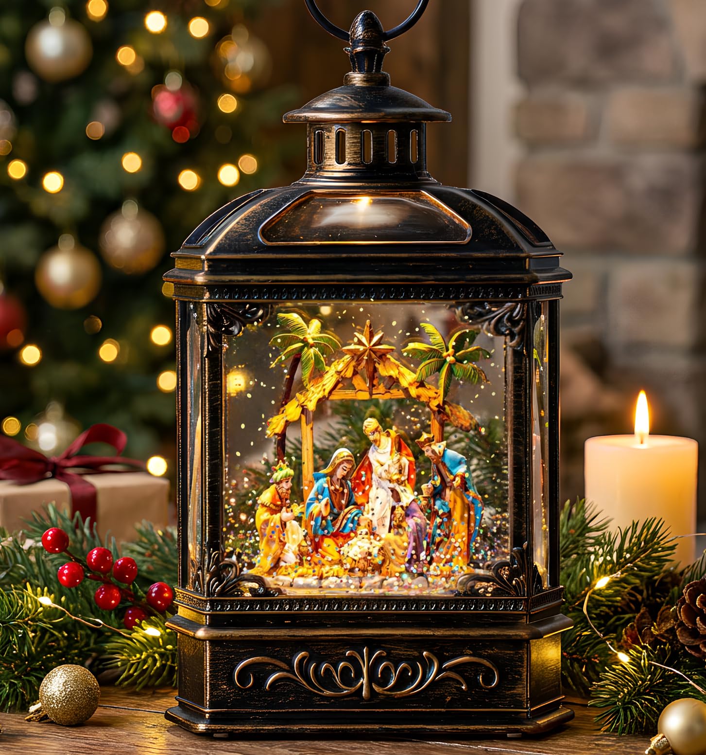 Christmas Snow Globe Swirling Glittering Nativity Scene with Music, USB Lined/Ba