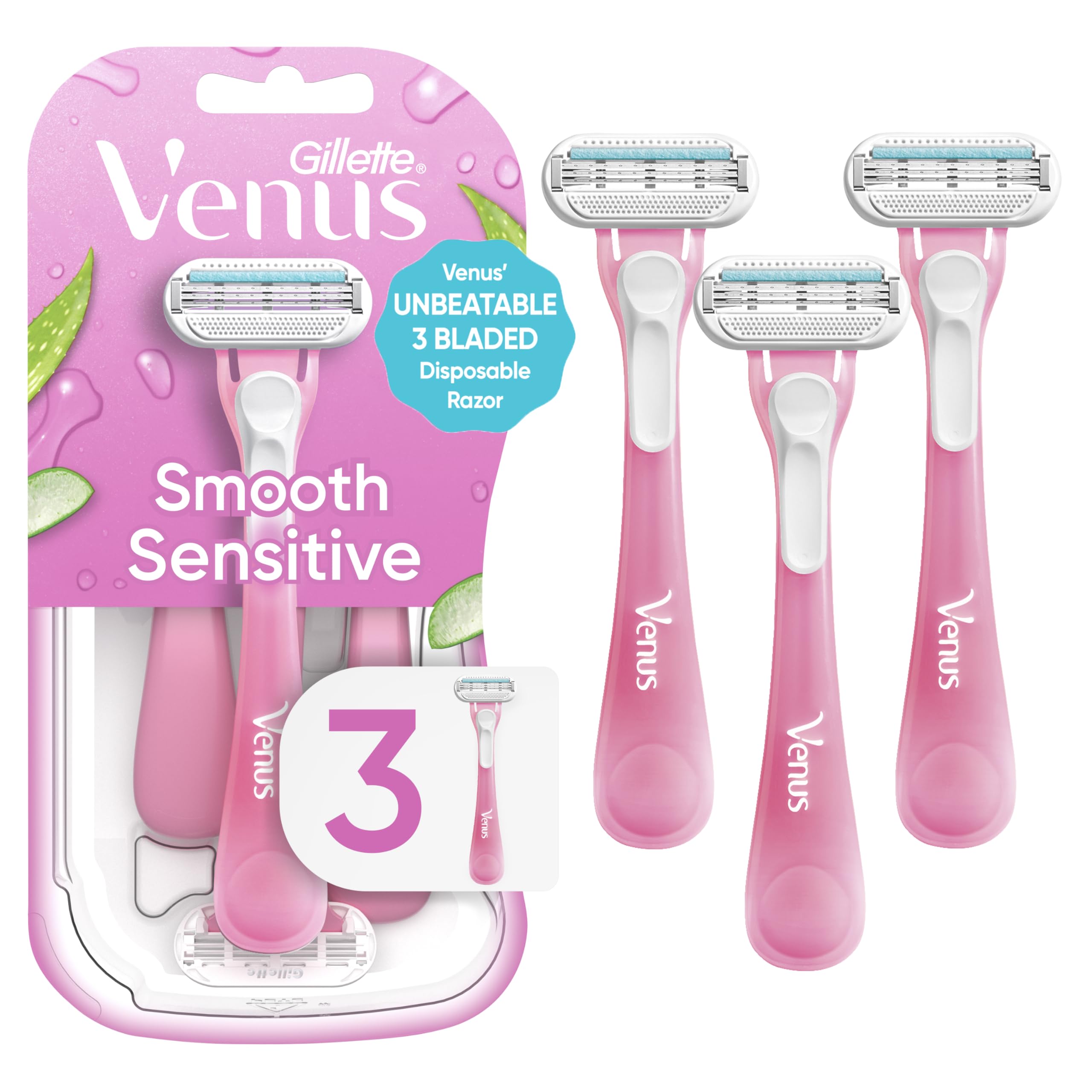 Gillette Venus Sensitive Women's Disposable Razors - Single Package of 3 Razors