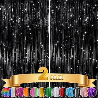 GCB 2Pack Black Metallic Tinsel Foil Fringe Curtain, Black Curtain Backdrop | Photo Booth Props for Birthday, Wedding, Graduation, Baby Shower Bachelorette Xmas Celebration Party Decors Door Streamers