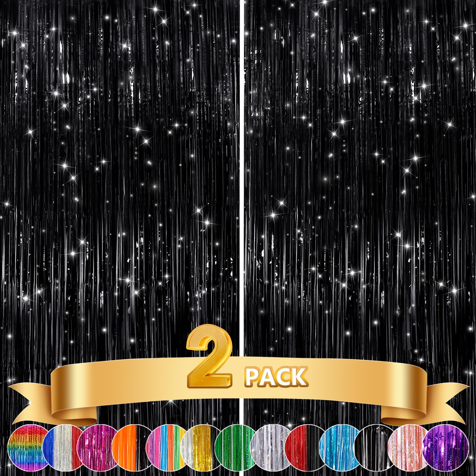 GCB 2Pack Black Metallic Tinsel Foil Fringe Curtain, Black Curtain Backdrop | Ph