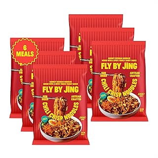 FLYBYJING Chili Crisp Noodles - Sun-Dried Asian Instant Noodles with Sichuan Chili Crisp Sauce - Ready in 6 Minutes - Premium Non-Fried Vegan Noodle, 12g Protein, Non-GMO (Pack of 6)