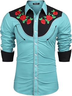 COOFANDY Men's Cowboy Shirts Embroidered Rose Design Shirts Western Long Sleeve Button Down Shirts
