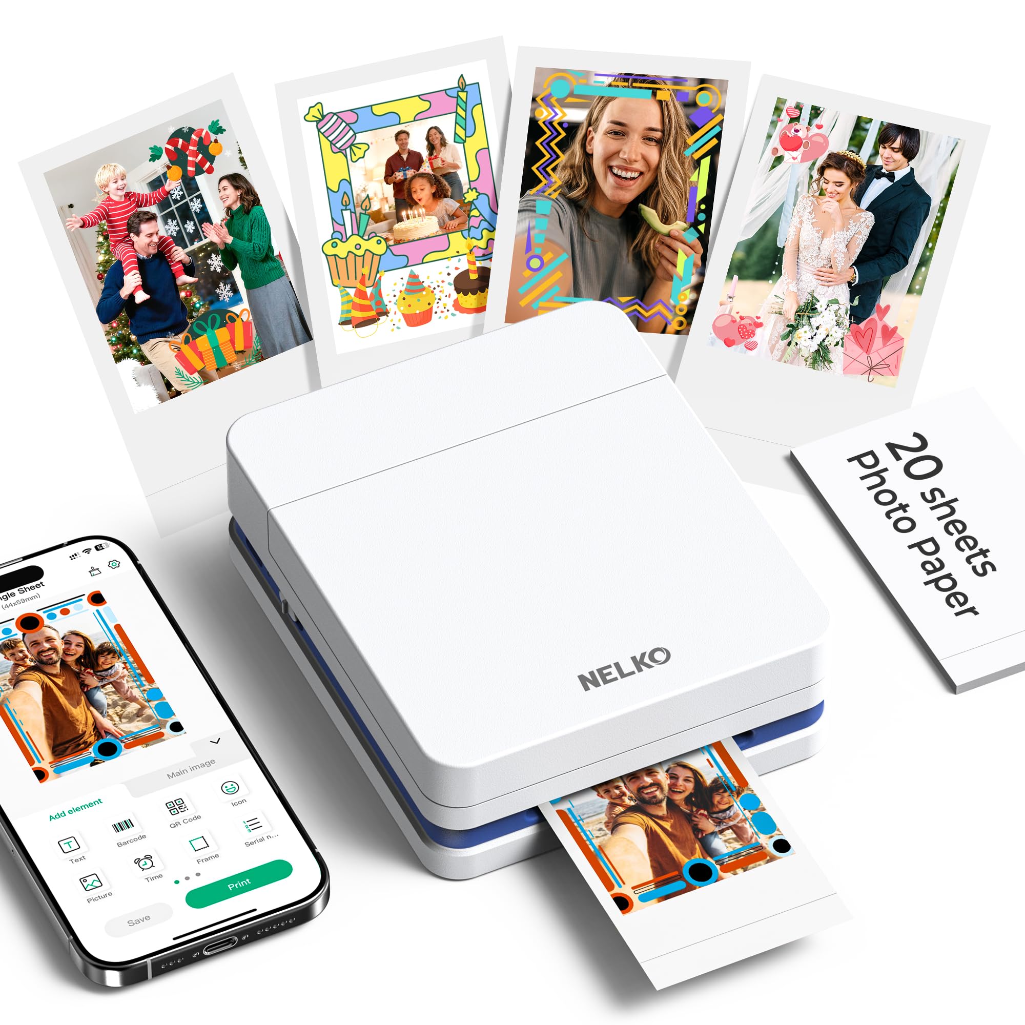 Nelko PP01 Photo Printer, 2x3 Portable Photo Printer, Mini Printer, White | Inst