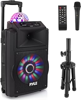 Wireless Portable PA Speaker System - 700 W Battery Powered Rechargeable Sound Speaker and Microphone Set with Bluetooth MP3 USB Micro SD FM Radio AUX 1/4" DJ Lights - for PA/Party - Pyle PSUFM1280B