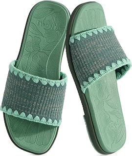 ONCAI Women’s Flat Slides Sandals Soft Knitted with Golden Thread Inlay Summer Vacation Walking Sandalias Mujer with Outdoor Rubber Soles US Size 6-11