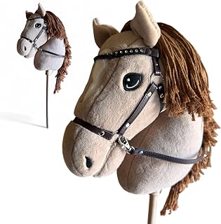 Large Hobby Horse for Kids and Adults – Show Quality with Rhinestone Studded Bridle, Removable Reins, and Long Mane – Plush Handmade Tournament Stick Horse, Palomino