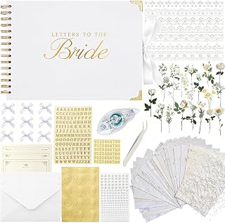 Ratutodax Letters to The Bride Scrapbook Kit,10"x8" DIY Wedding Guest Book | Classic White;Lay-flat gold coil design;50 blank pages of 180gsm;Fits 5" x 7" photos;160+ accessories;Bridal Shower Gift