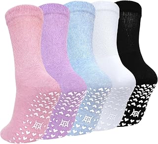 ZAKASA Non-slip Womens Slipper Socks: Grip Socks Womens Cotton Hospital Anti Skid Sock Women Athletic Grippy Sock with Non Elastic Cuff 5 Pairs