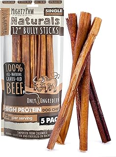 Mighty Paw 12" Bully Sticks for Dogs - Large, Medium and Small Dog Chew | Single Ingredient, Grass-Fed, Low Odor, 5 pk, High Protein, Boredom Buster