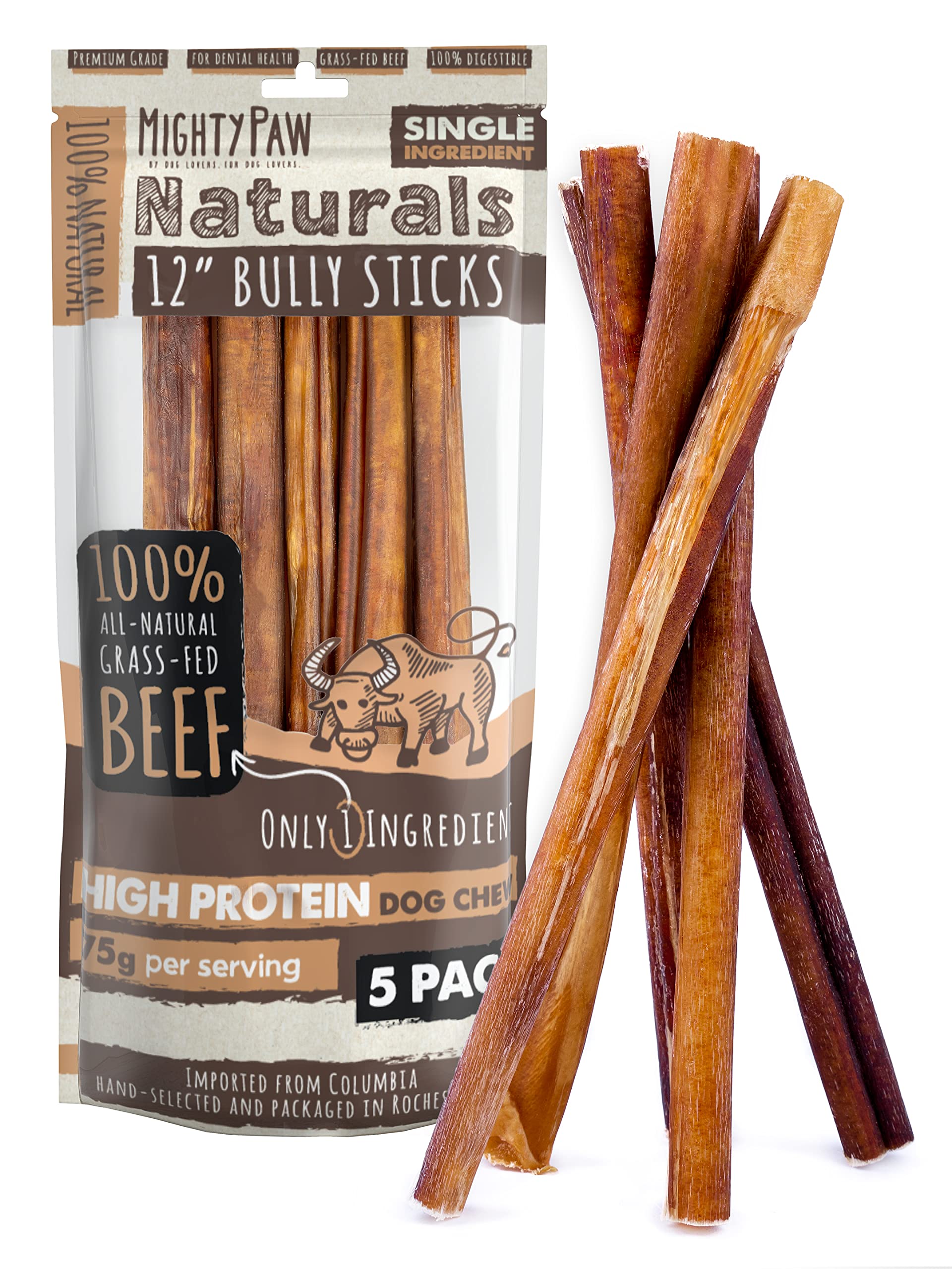 Mighty Paw 12" Bully Sticks for Dogs - Large, Medium and Small Dog Chew | Single