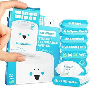 Impossibly Compact Travel Flushable Wipes - 99.5% Water and Aloe - Safe for Sensitive Skin & Hypoallergenic - Travel Essentials for Adults & Kids, Unscented, 8 Pack 48 Wipes