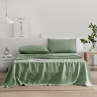 EVERLY Linen Bed Sheet Set 100% Washed French Linen with Stones and Deep Pockets 4 Piece Bedding Set (1 Flat Sheet, 1 Fitted Sheet, 2 Pillowcases) Green