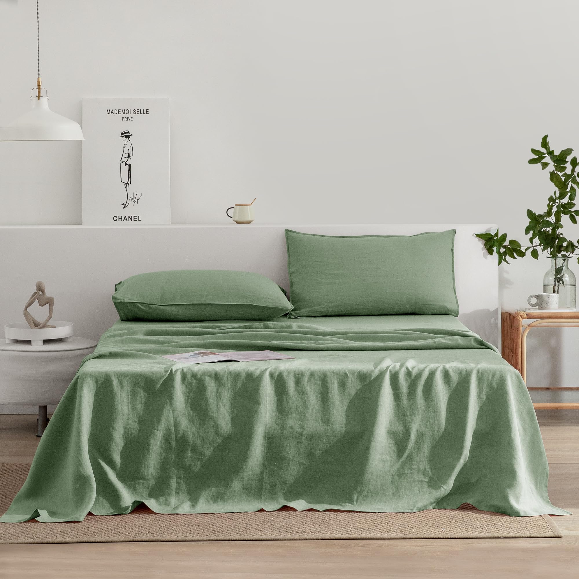 EVERLY Linen Bed Sheet Set 100% Washed French Linen with Stones and Deep Pockets