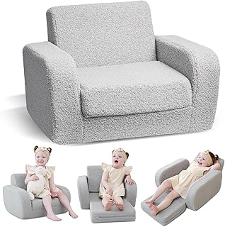KidBloom 3-in-1 Toddler Couch, Toddler Chairs Comfy, Kids Plush Sofa Chair | Convertible Lounger Kids Sofa Bed, Sherpa Fabric Toddler Chair Comfy, High Resilience Baby Sofa, Pet Friendly Couch, Grey