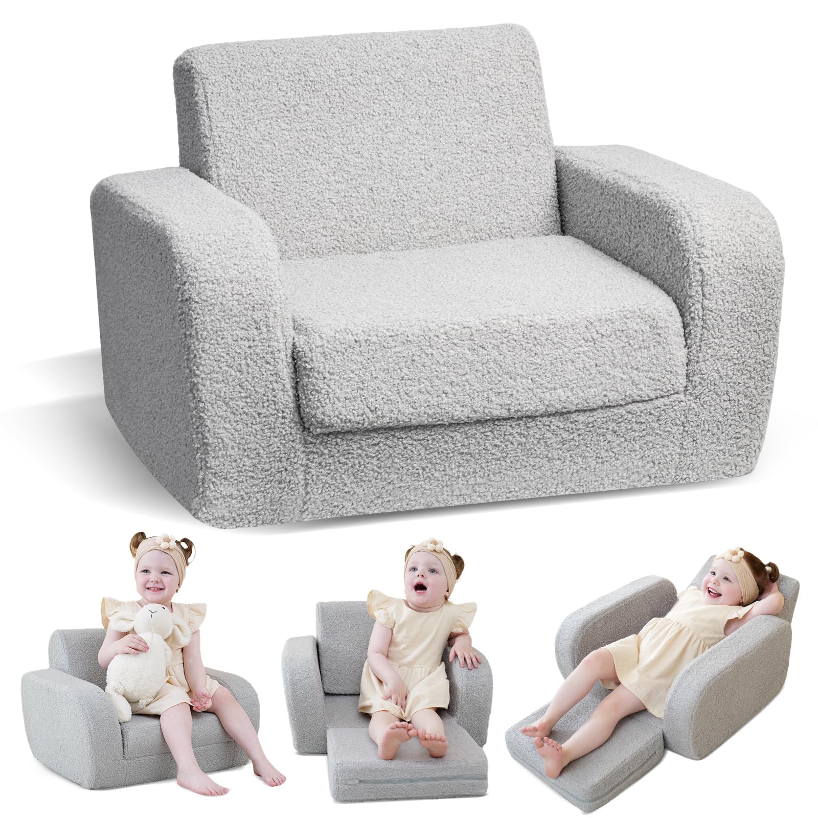 KidBloom 3-in-1 Toddler Couch, Toddler Chairs Comfy, Kids Plush Sofa Chair | Con