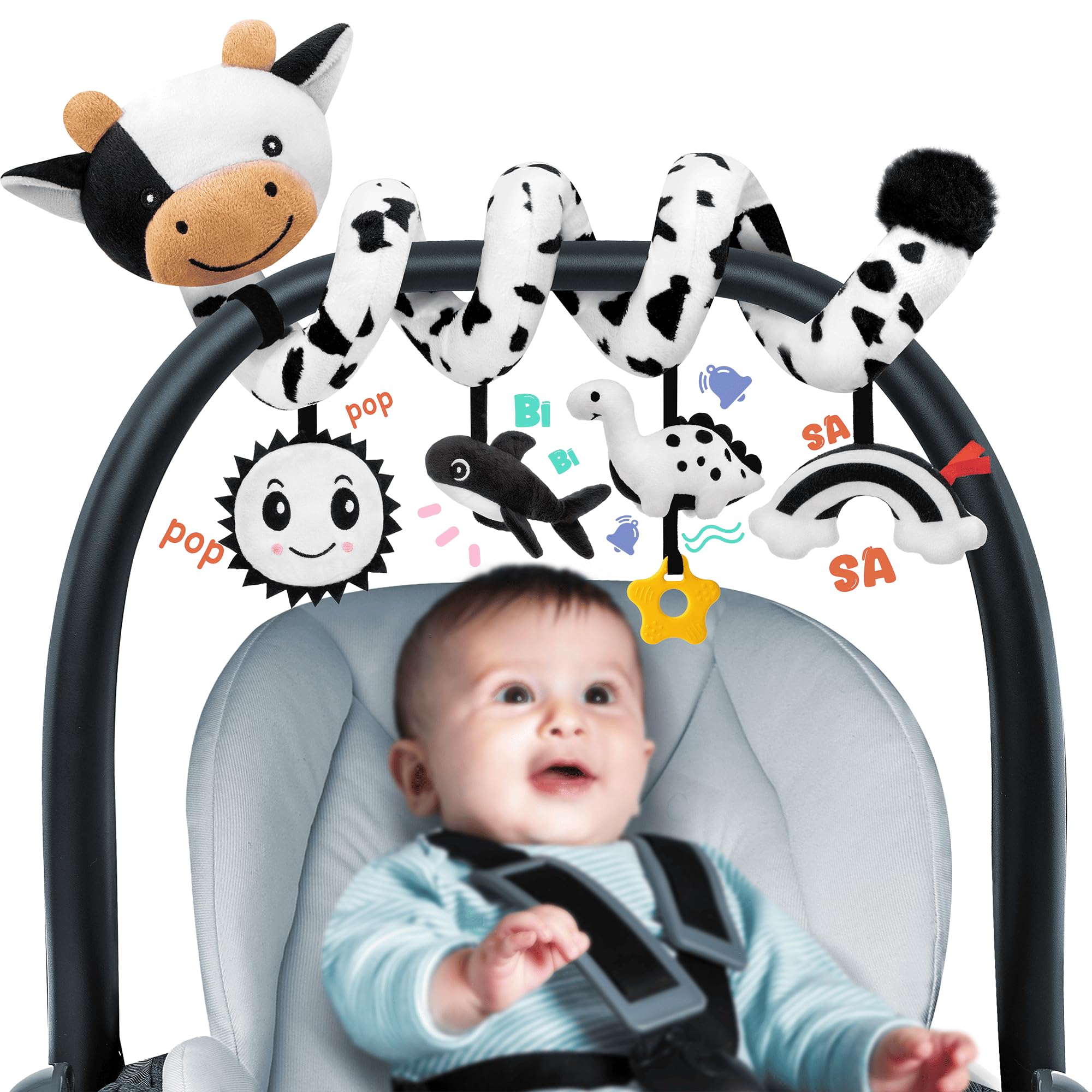 Spiral Car Seat Baby Toys 0-6 Months, Infant Carseat High Contrast Sensory Toys 