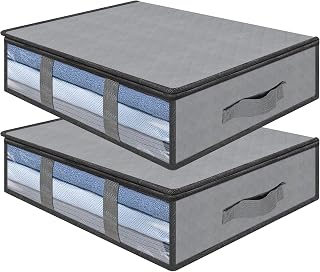 AiQInu Clothes Storage Boxes, 2 Set Foldable Under Bed Bags with Transparent Window, Bed Organizer Wardrobe for Clothes Blankets Quilts 60 x 45 x 15 cm