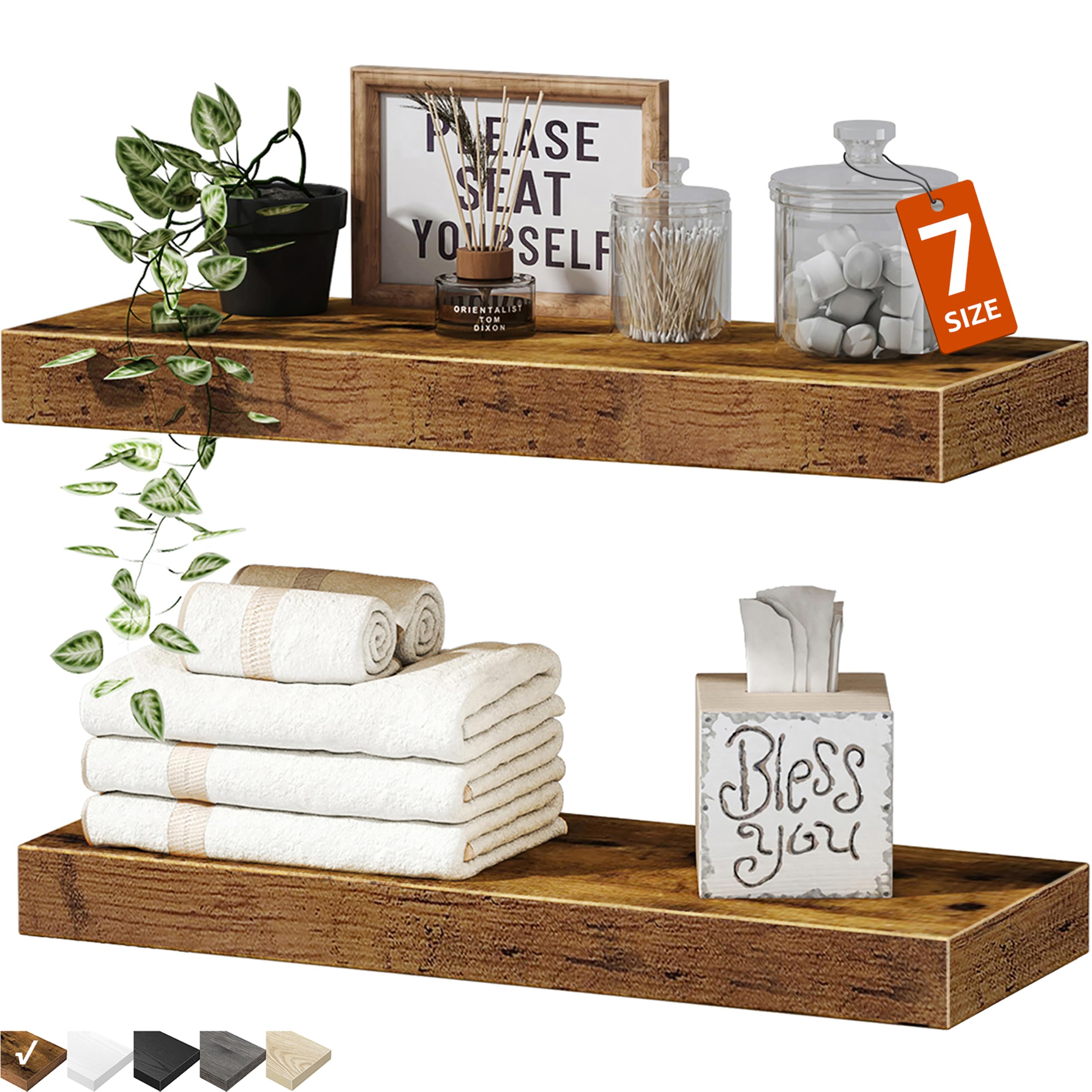 QEEIG Bathroom Floating Shelves for Wall (Brown, Set of 2, 15.7") | 16 inch Smal
