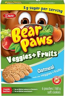 Bear Paws Veggies & Fruits, Oatmeal Cookies - Soft Cookie Snack Packs made with Real Veggies and Fruits, Peanut Free School Snacks, 168g, 6 pouches