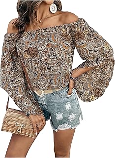 Floerns Women Boho Off Shoulder 3/4 Bell Sleeve Summer Blouse