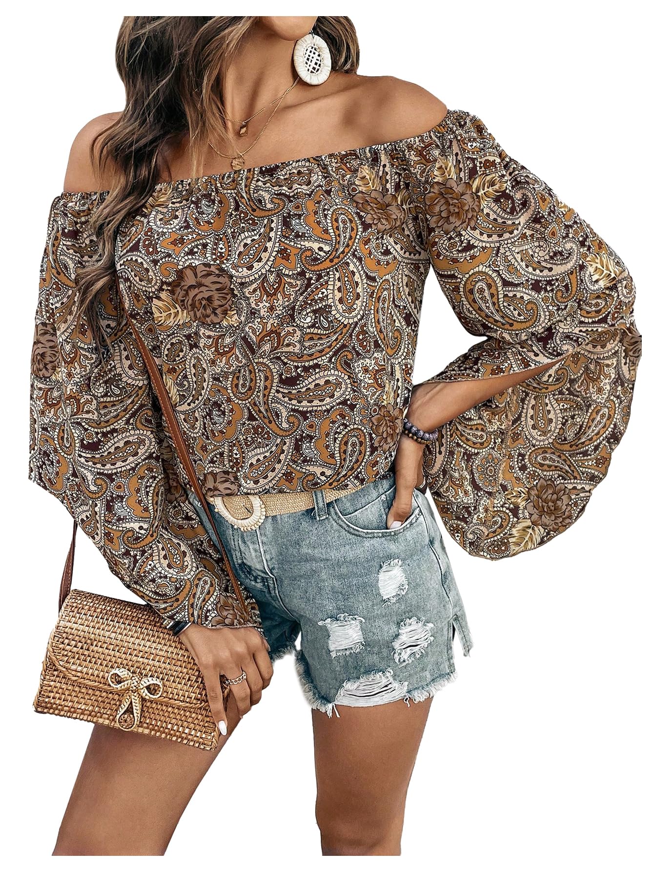 Floerns Women Boho Off Shoulder 3/4 Bell Sleeve Summer Blouse