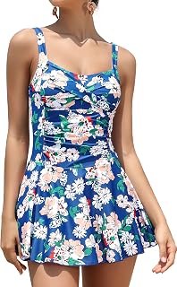 SHEKINI Women's 1 Piece Swimsuit with Skirt Vintage Ruched Abdominal Control Padded Swimwear One Piece Beach Dress Swimsuit