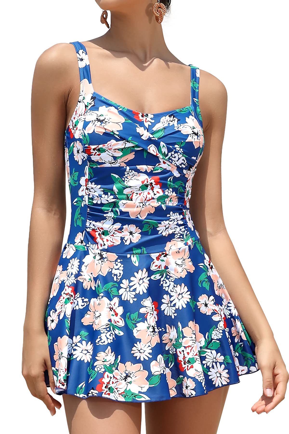 SHEKINI Women's 1 Piece Swimsuit with Skirt Vintage Ruched Abdominal Control Pad