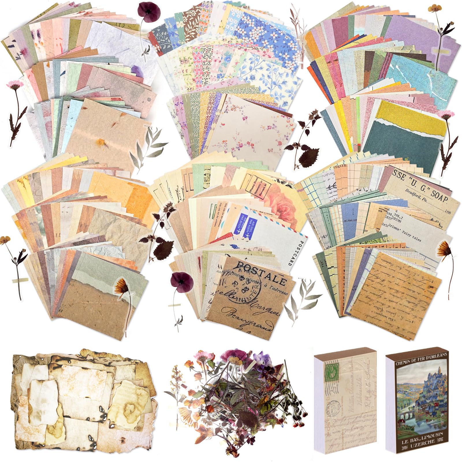 565 Pcs Vintage Scrapbook Paper Kit, Scrapbook Paper Supplies with Flowers Stick