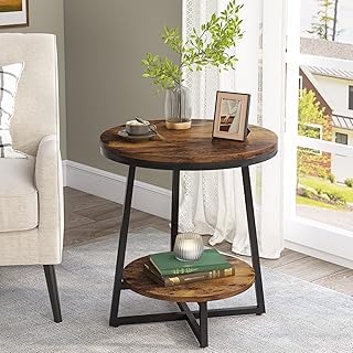 Tribesigns End Table, 2 Tier Round Side Table with Storage Shelf, Industrial Nightstand Bedside Table Coffee Accent Table for Living Room Bedroom Small Space, Rustic Brown (1)