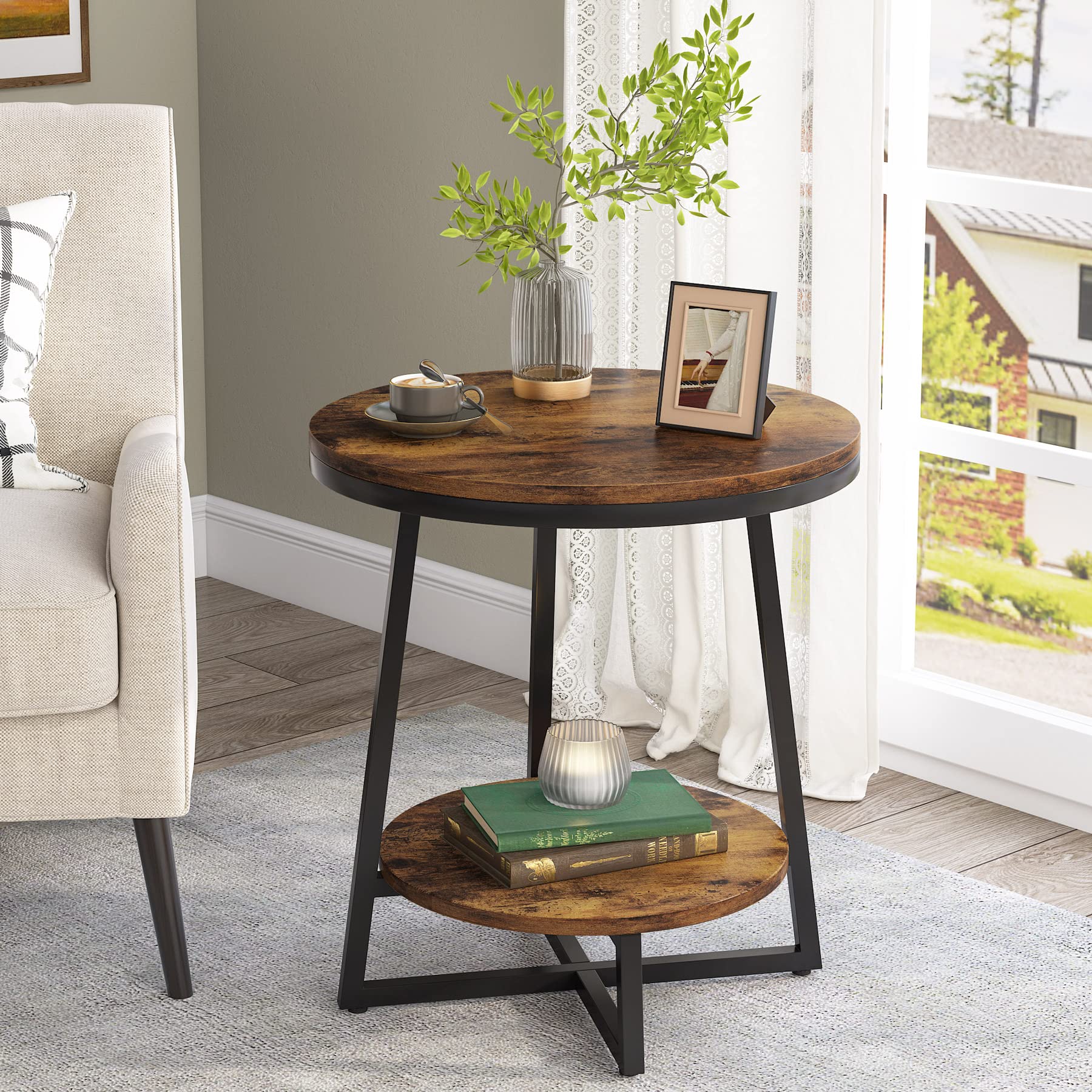 Tribesigns End Table, 2 Tier Round Side Table with Storage Shelf, Industrial Nig