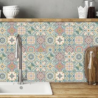 24 Pieces Moroccan Tile Stickers, Self-Adhesive Vintage Style Tile Stickers for Kitchen and Bathroom, Removable, 15 x 15 cm