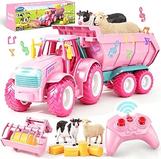 Funwee RC Farm Tractor Toy Playset with Loader, Trailer & Animals | 2.4GHz Outdoor Remote Vehicle Playset w/ Light & Music for Age 3-8, Fun RC Car Truck Gifts for Boy & Girl (Pink)