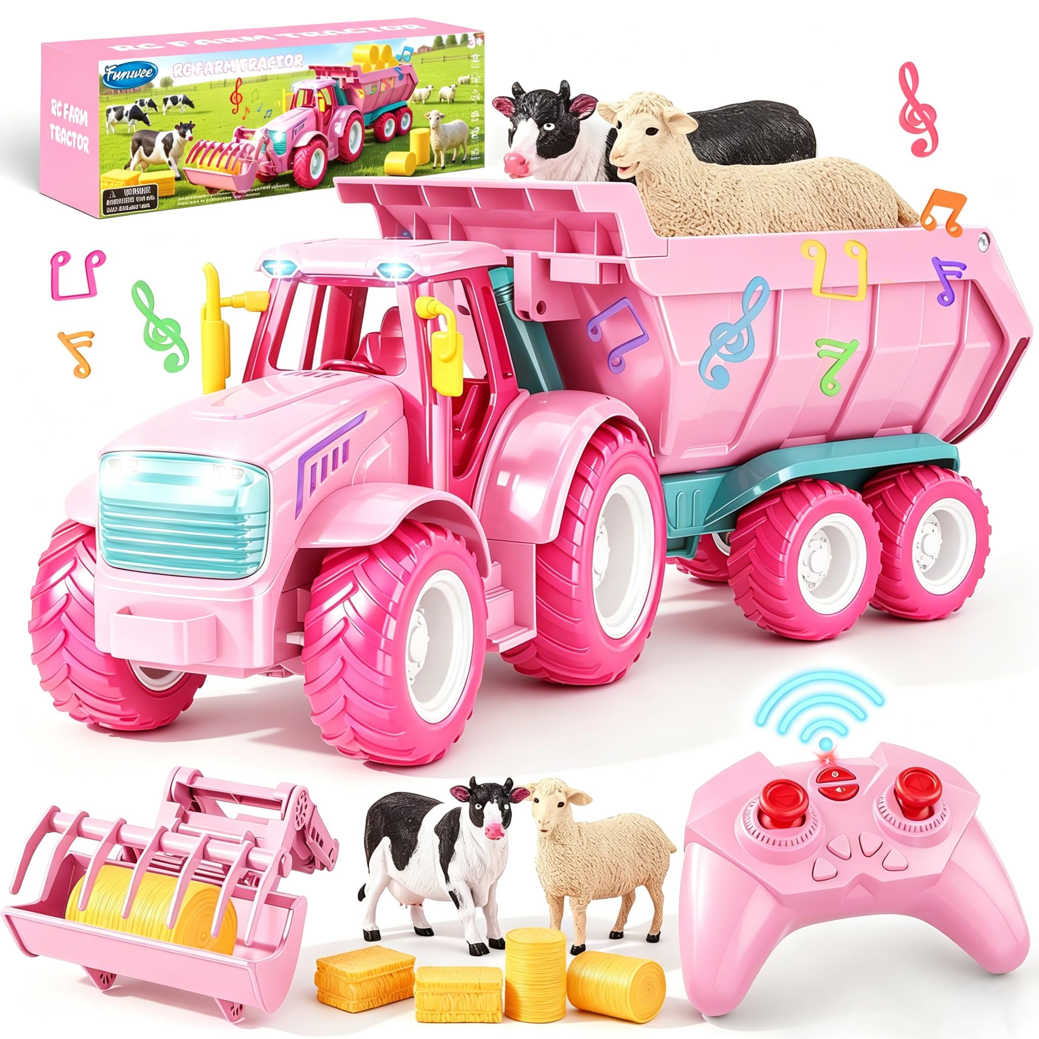 Funwee RC Farm Tractor Toy Playset with Loader, Trailer & Animals | 2.4GHz Outdo