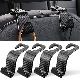 LivTee Car Purse Hook, 4 Pack Universal Auto Seat Headrest Hook Hangers Organizer for Coats, Umbrellas, Groceries - Carbon Fiber Black