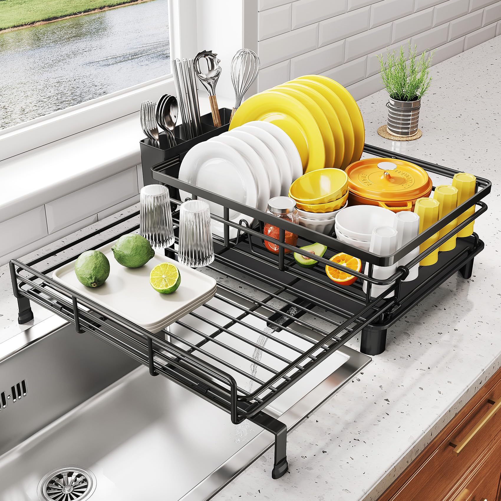 Expandable Dish Drying Rack for Kitchen Counter, Stainless Steel, Black | Foldab