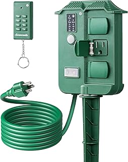 DEWENWILS Outdoor Power Stake Timer with Remote Control, Dusk to Dawn Timer | Waterproof, 6 Grounded Outlets, 6FT Extension Cord, 100FT Wireless Remote Control, Ideal for Halloween Decorations, UL Listed