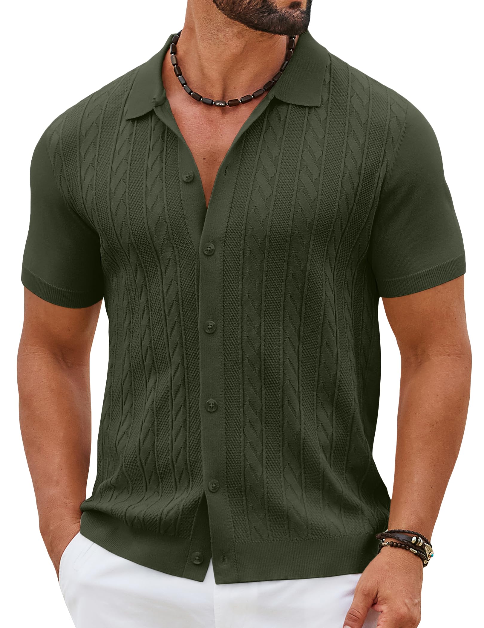 Coofandy Polo de Manga Corta con Botones para Hombre, Informal, Vintage, Verano,