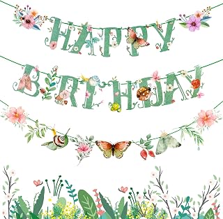 SUNBEAUTY Wildflower Happy Birthday Banner Sage Green Floral Flower Party Decorations Butterfly Flower Banner Summer Spring Butterfly Birthday for Women Girl Baby Shower Garden Tea Party Supplies | Pre-Strung