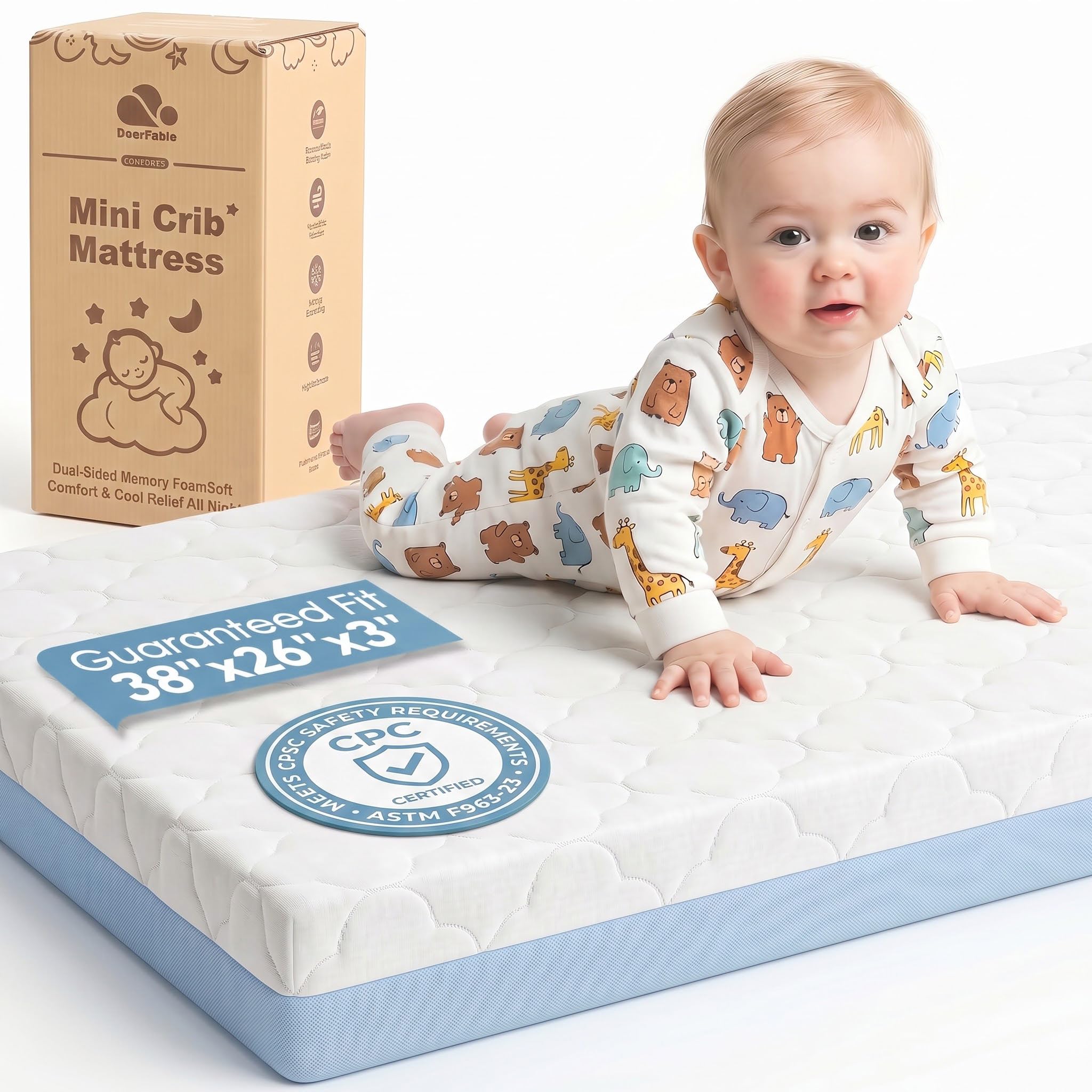 DeerFable Pack and Play Mattress, Dual Sided Memory Foam 38x26x3 Inch, Blue | Pa