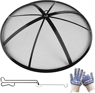 Baitedelai Fire Pit Spark Screen, Outdoor 27 Inch Round Fire Pit Screen with Foldable Hook and Fire Safety Gloves, Heavy Duty Steel Mesh Fire Pit Cover, Fire Pit Lid for Backyard, Beach, RV Camping