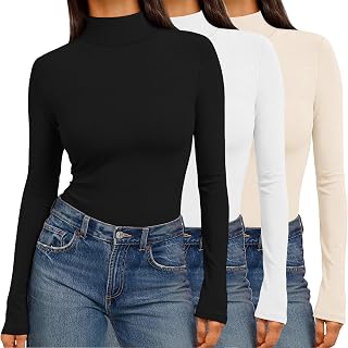 Ekouaer Lot de 3 hauts à col roulé et manches longues pour femme, coupe ajustée, sous-vêtements thermiques pour l'automne