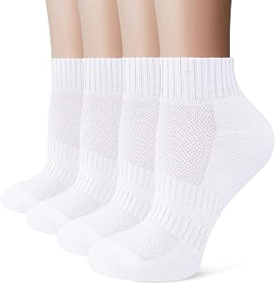 White Sports Ankle Socks Women, Anti Blister Cushioned Quarter Socks Mens Black, Ladies Trainer Walking Running Sock, Breathable Cotton Casual Athletic Gym Sock 4 Pairs