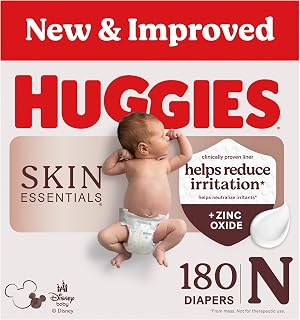 Huggies Skin Essentials Newborn Diapers, 180 Count (3 Packs of 60) | Zinc Oxide Enriched Liner, Rash Protection, Breathable Outer Cover, No Harsh Irritants, Dermatologist Tested