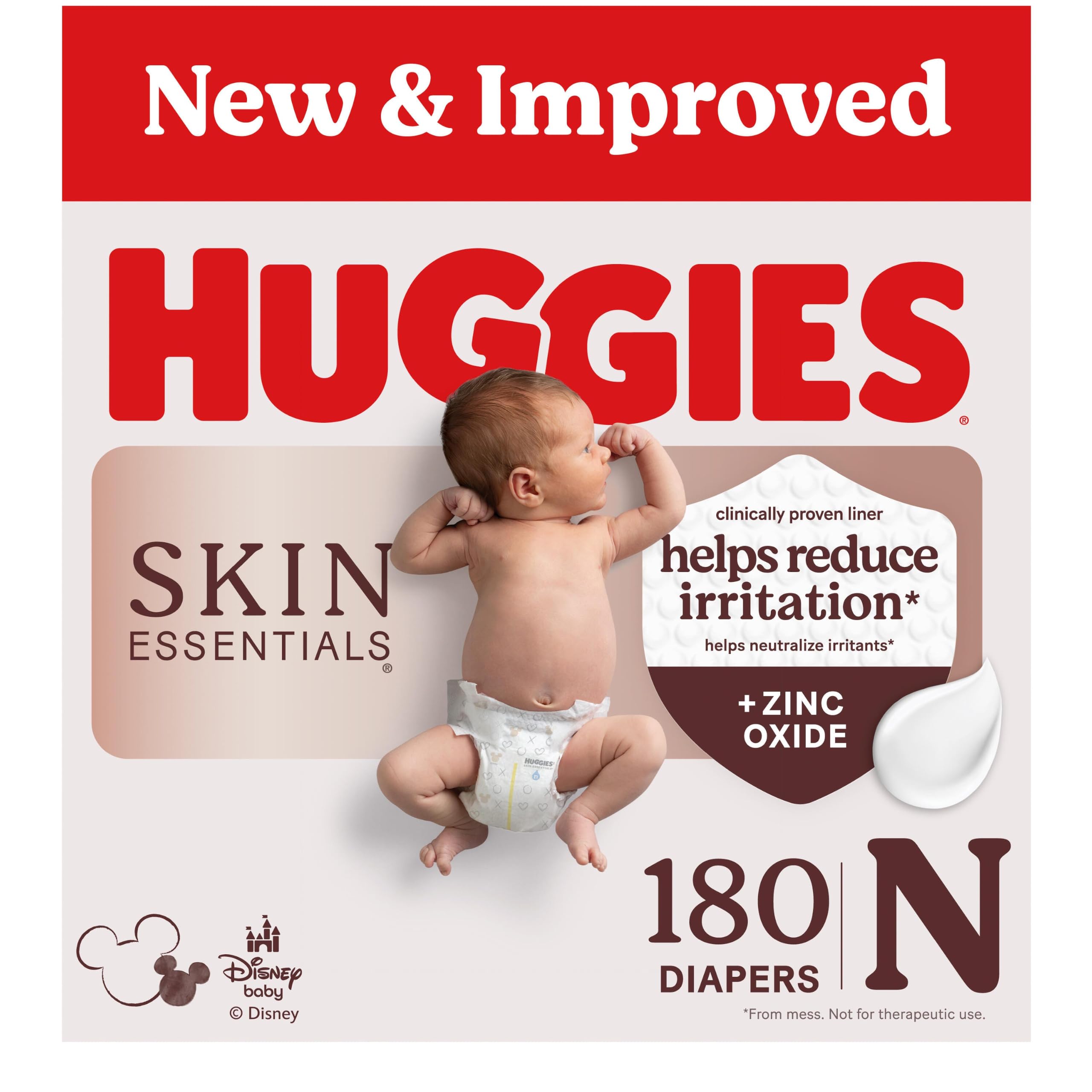 Huggies Skin Essentials Newborn Diapers, 180 Count (3 Packs of 60) | Zinc Oxide 