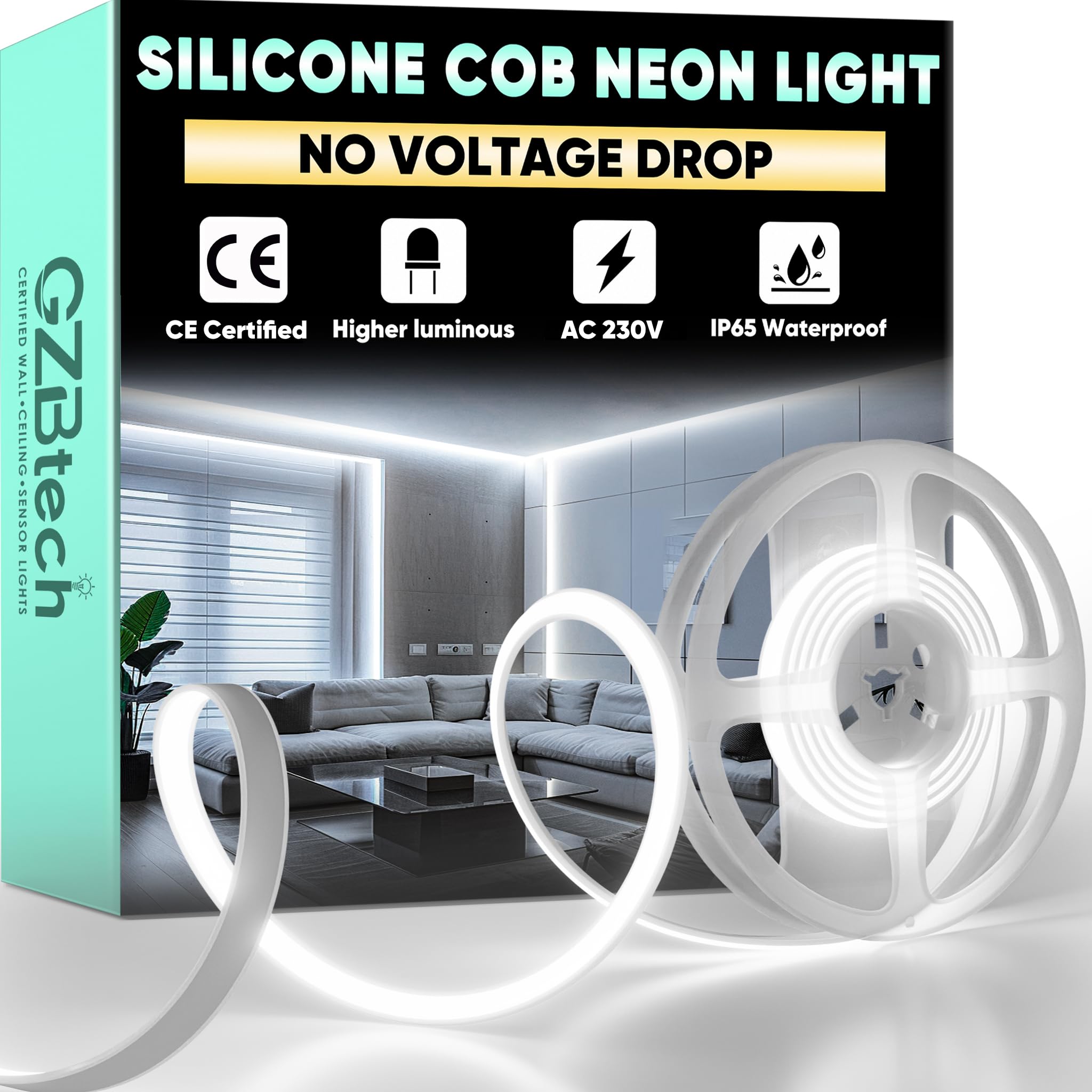 GZBtech Silicone COB Neon Rope Lights 1M, 6500K Super Bright Cool White Waterpro