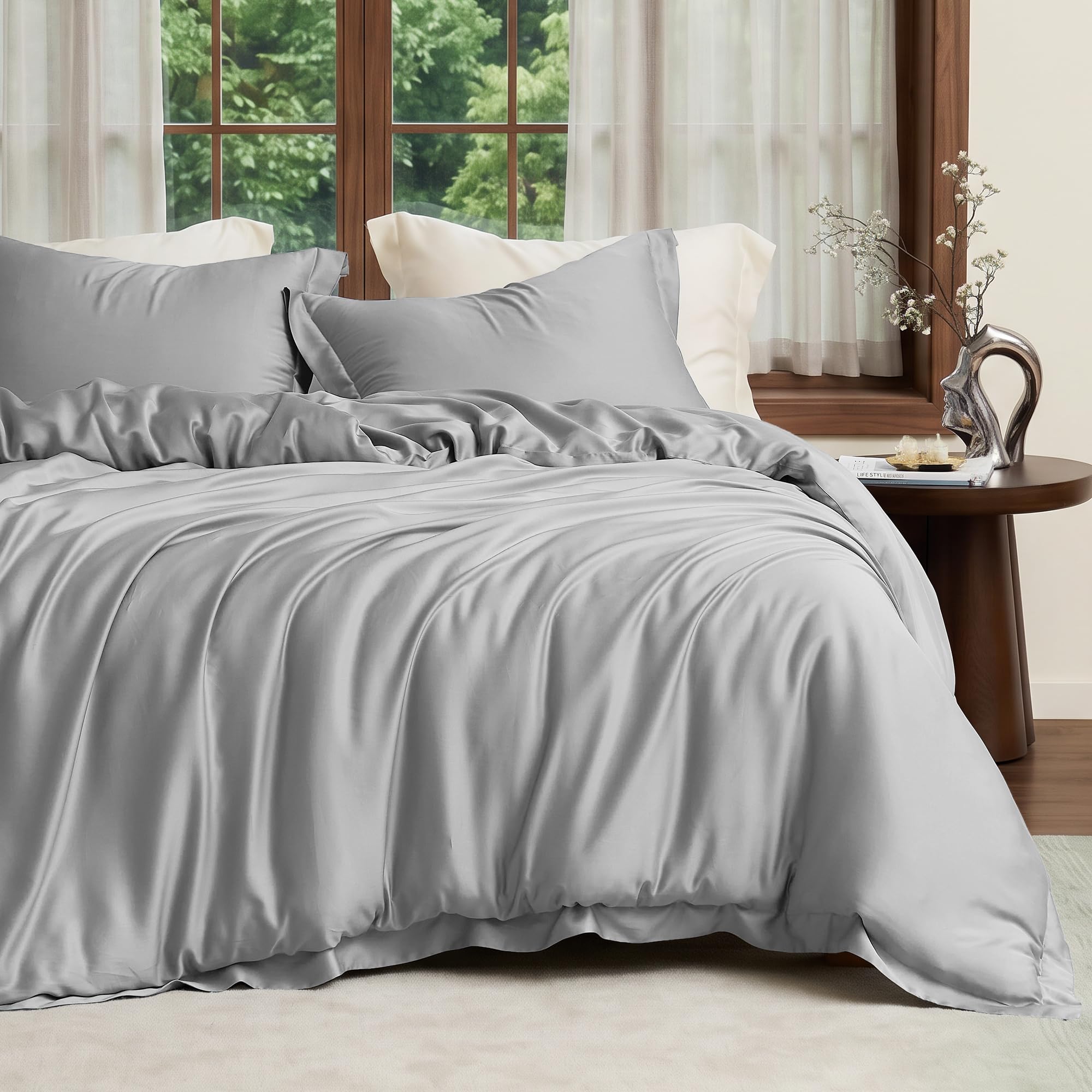 Amélie Home 100% Tencel™ Lyocell Duvet Cover Set Queen Size, Sliver Gray