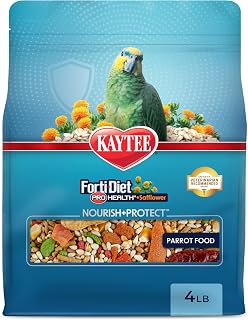 Kaytee Forti-Diet Pro Health+Safflower Parrot Food, 4 Pounds | Better digestion daily. Parrot food for medium birds. Prebiotics, probiotics, bird seed without sunflower seeds